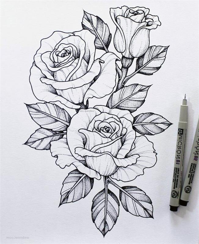 Rdeče cvetje risanje lepo v sestavi kot nalašč za tetovažo, črno -belo risanje cvetja korak za korakom risanje