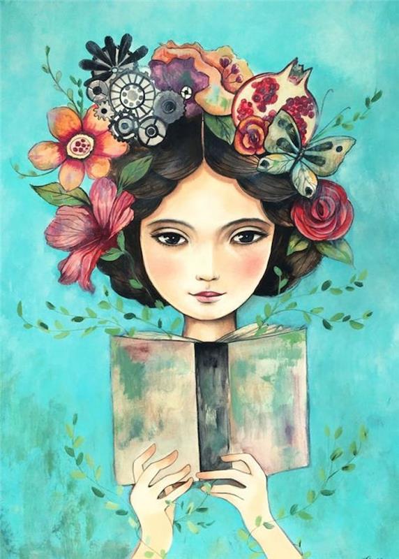 Fantazijska fantazija, dekle s cvetličnim vencem in knjigo v rokah, metaforično slikanje v akvarelu, preberi več knjig, risanje deklet
