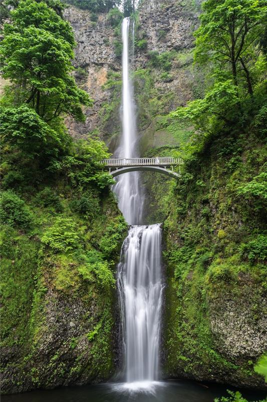 Japonska pokrajinska fotografija, slika ozadja spomladanski slap sredi čudovite zelene gore, spomladansko ozadje