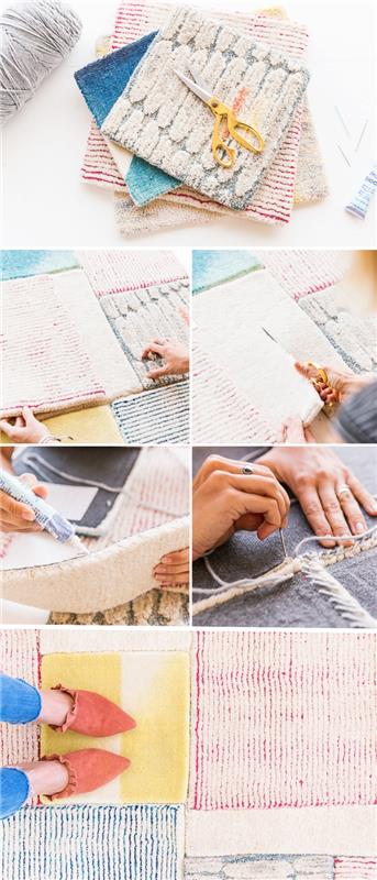 Pastel renklerde, dokuma kilim desenli patchwork desenli kilim dikmeyi öğrenmek için öğretici