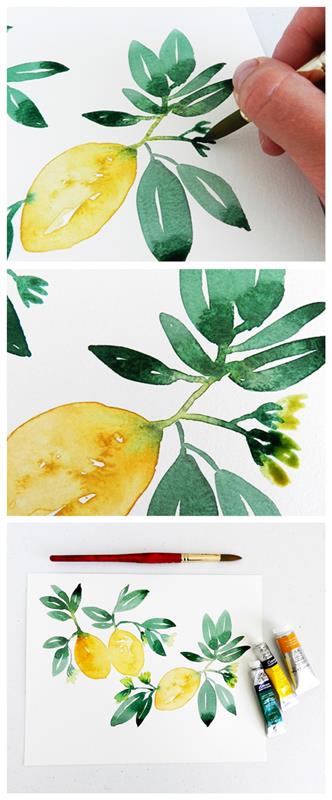 vadnica akvarela, če želite izvedeti, kako narediti vejo limon, idejo za umetnost, uokvirjeno v akvarelu, je enostavno narediti sami