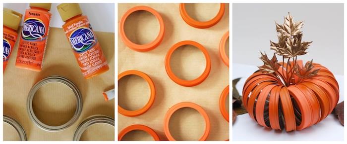 jesenska vadnica za izdelavo jesenske buče iz recikliranih pokrovov loncev in prebarvanje z oranžno barvo