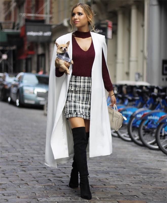 ženska, ki hodi po ulici s čivavo, napoved modnega trenda 2019, oblečena v karirano krilo in dolg beli plašč, visoki čevlji do kolena