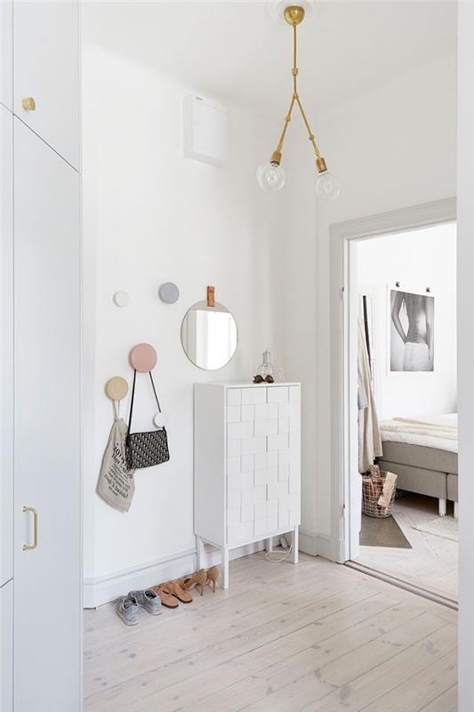 modernūs prieškambario apšvietimo akcentai auksinės rankenos lempos namų įėjimo išdėstymas balti dažai