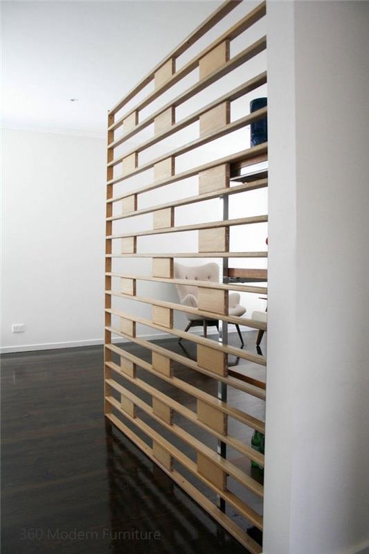 medinės pertvaros tipo patalpų atvira siena kambariui atskirti, vidinės sienos modelis su saugykla