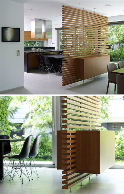 horizontali medinė vidinė siena su laikymo dėžėmis kaip pertvara virtuvė svetainė, vidinė siena su sandėliuku