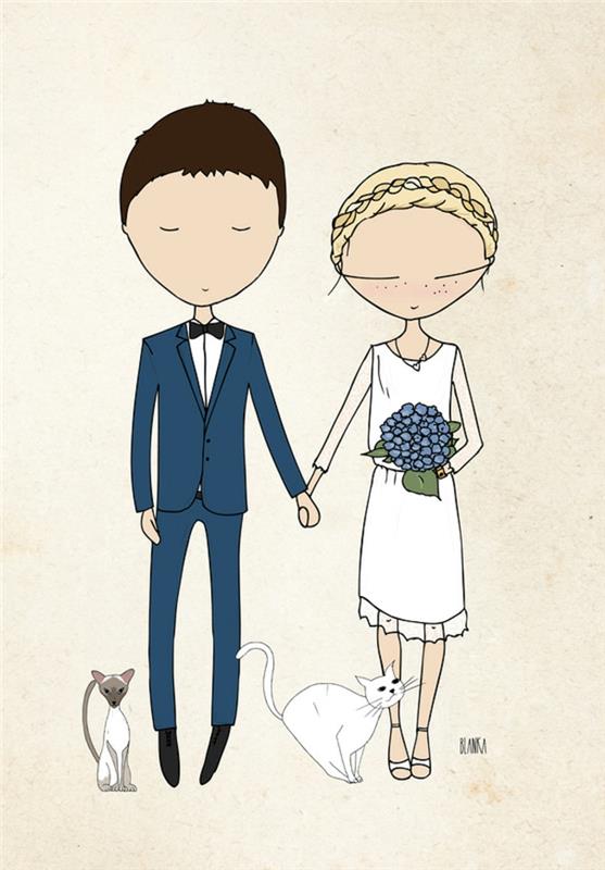 Vestuvių kvietimo įvaizdis susituokusi pora piešia mielą poros iliustraciją personalizuotos vestuvės