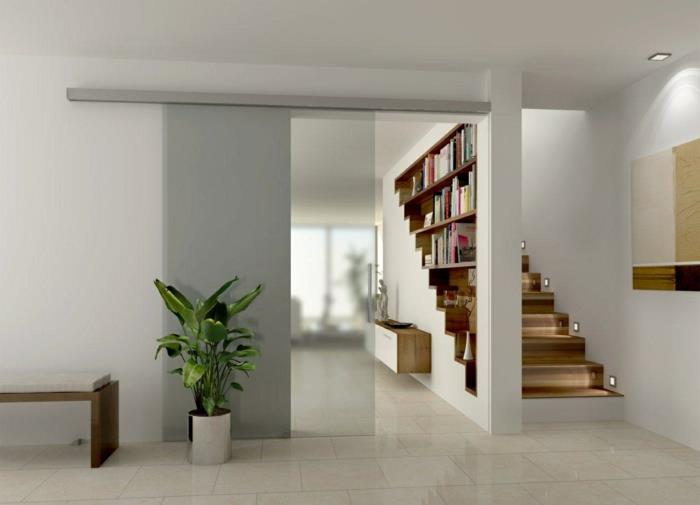 pigiai nuimama pertvara, kad būtų galima atskirti kambarius jūsų namuose-pilkos plytelės-stumdomos durys-siena-su knygomis