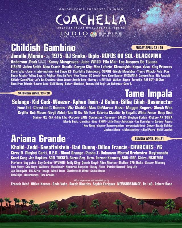 uradna zasedba coachella 2019, datumi in umetniki kalifornijski festival Coachella, Ariana Grande Childish Gambino in Tame Impala Coachella