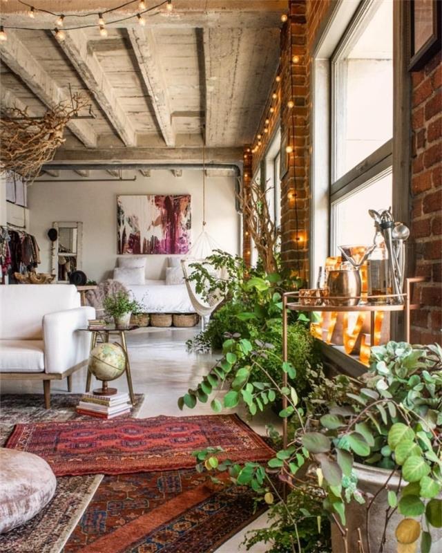 cocooning idee deco dnevna soba industrijski boho slog stropni tramovi les vintage stenske opeke preproga ethno