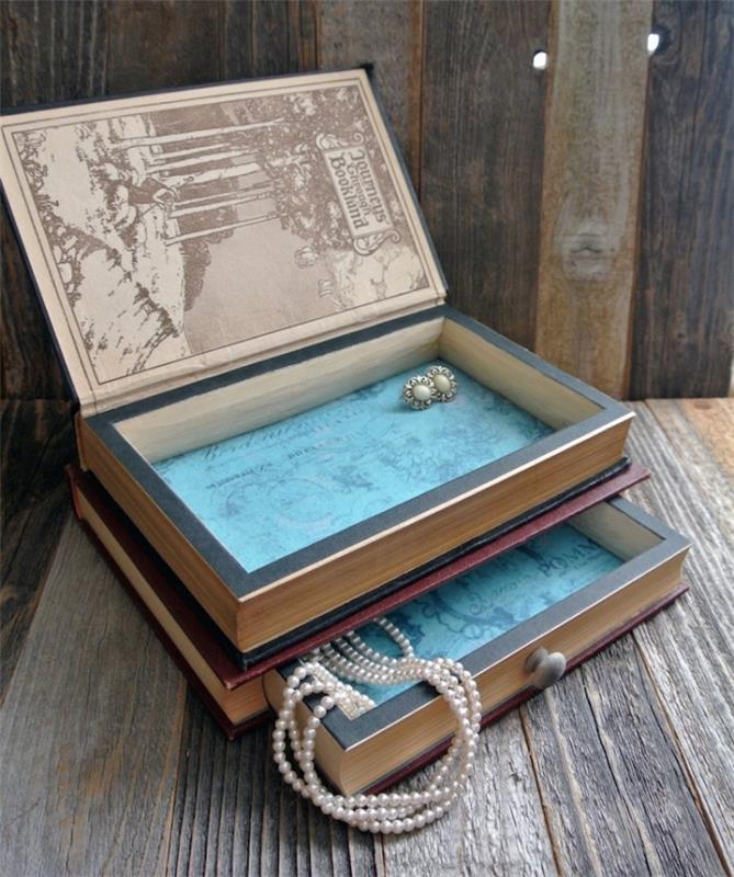 ideja o dekorativni kartonski škatli za shranjevanje, kaj storiti s starimi knjigami, model škatle za nakit DIY