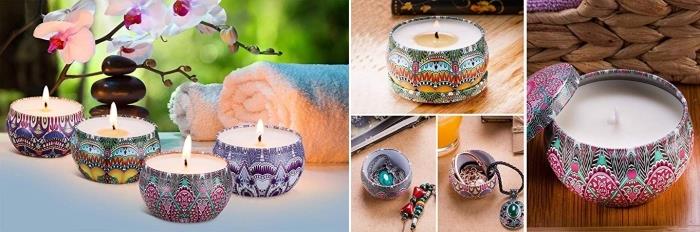 Mandala tasarımı ve etnik desenleri olan zen mumları seti, kutulu mum şablonu, kadın için noel hediyesi