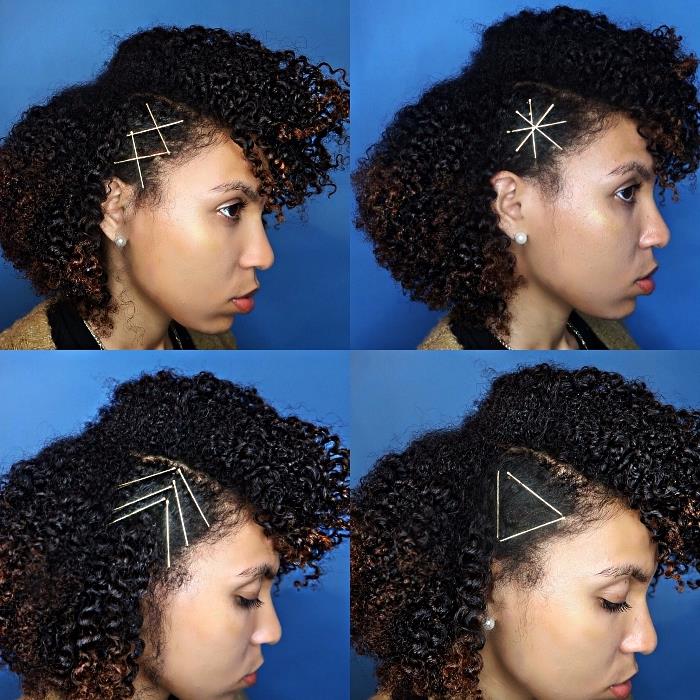 dört farklı şekilde yerleştirilmiş tokalı kısa kıvırcık saç modeli, afro saçlar için tokalı saç modeli