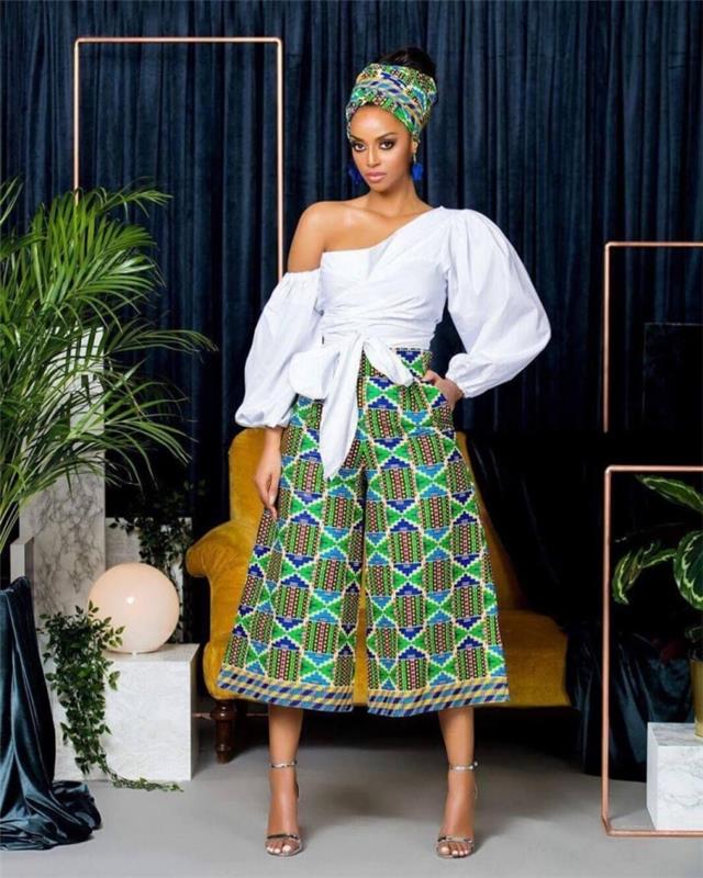 Ženska oblačila v afriškem slogu, model širokih hlač iz tkanine z etničnim vzorcem, ženska obleka v beli in zeleni barvi