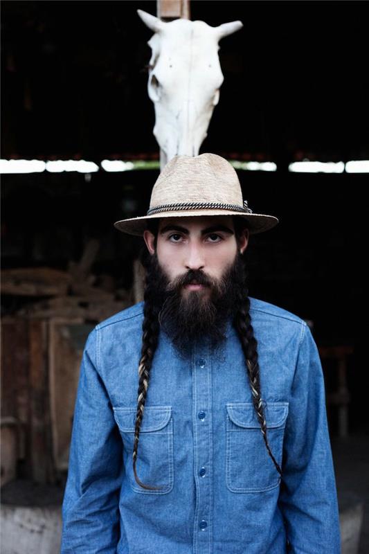 nuotrauka su dviguba pynė vyru šone ilgais plaukais ir ilga barzda ūkininko hipsterio stiliumi