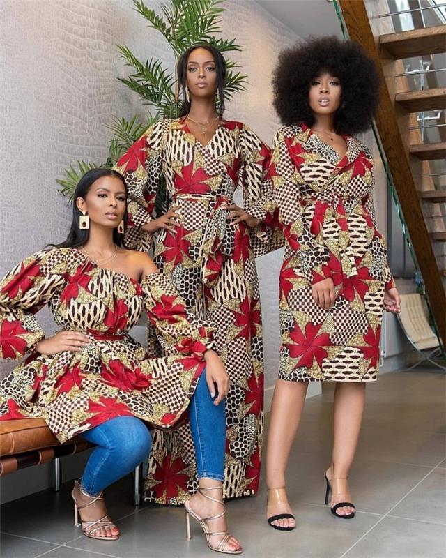 Afriška oblačila za sodobne ženske, primer afriške tkanine, model dolge obleke s tekočimi rokavi