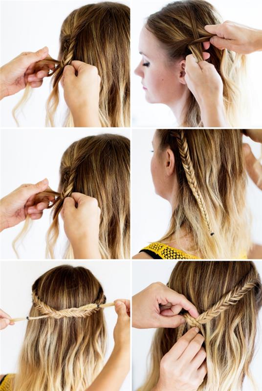 pavyzdys, kaip padaryti šukuoseną garbanotais plaukais su vainiku pynėje, lengva ir greita šukuosenos pamoka vidutinio ilgio plaukams