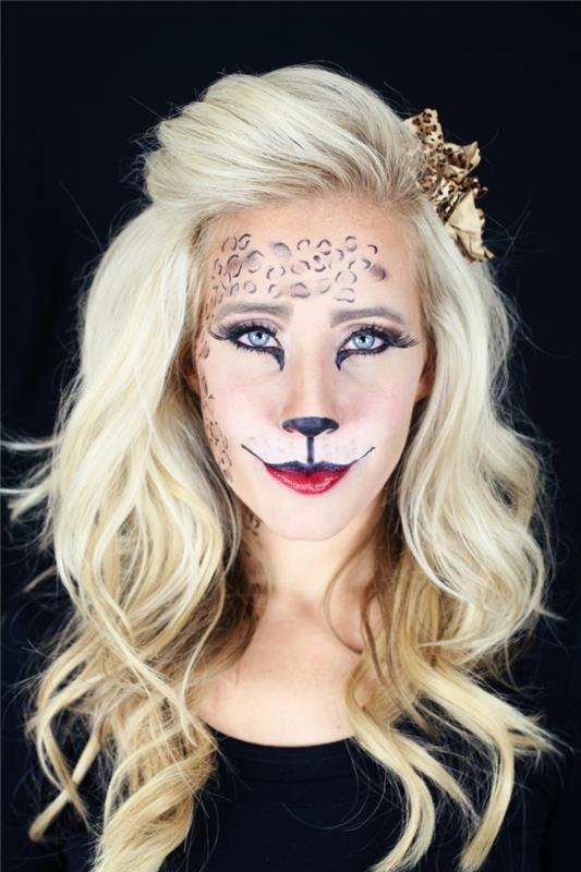 pasidarykite paprastą makiažą Helovinui, moters katės maskavimo idėją Helovinui, katės veido piešimą
