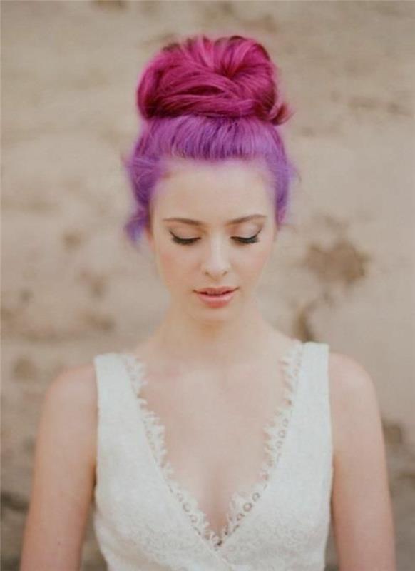 vestuvių šukuosena-chigon-bandelė-plaukų spalva-avietė