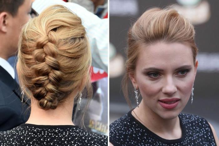 elegantiška pintinė šukuosena, šviesūs kaštoniniai plaukai, Scarlett Johansson su vestuviniais drabužiais