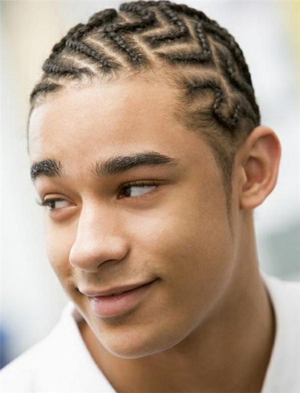 zanimiva najstniška fantovska pričeska za mladega afro moškega, pletenice z radirko z cik -cak zagrizanjem, kodrasti lasje