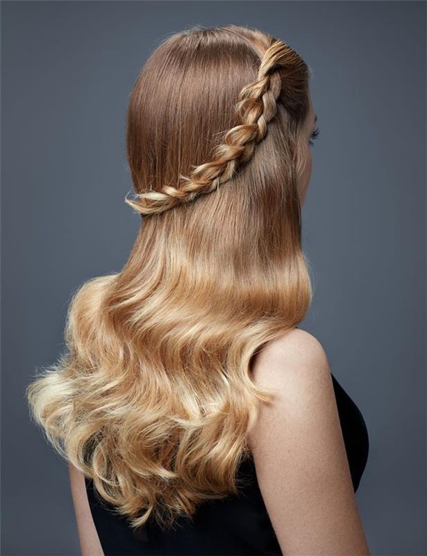 ombre s karamelno blond nasveti in svetlo rjavimi osnovnimi koreninami, pričeska s krono v ombre pletenici