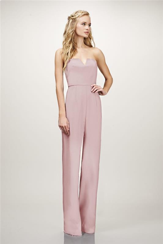 ideja pastelno roza hlačnih kombinezonov s tekočimi nogami z bustierjem v obliki črke V, poročna obleka s hlačami