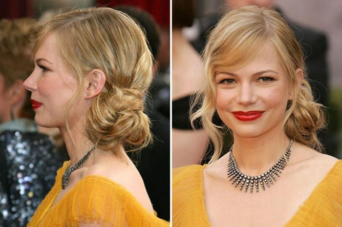 Michelle Williams su elegantiška šukuosena, žema šonine bandele, kirpčiukais, įrėminančiais veidą