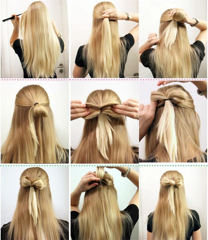 saç modeli trendi, kelebeğe bağlı uzun ve sarı saç, sevgililer günü için saç modeli nasıl yapılır