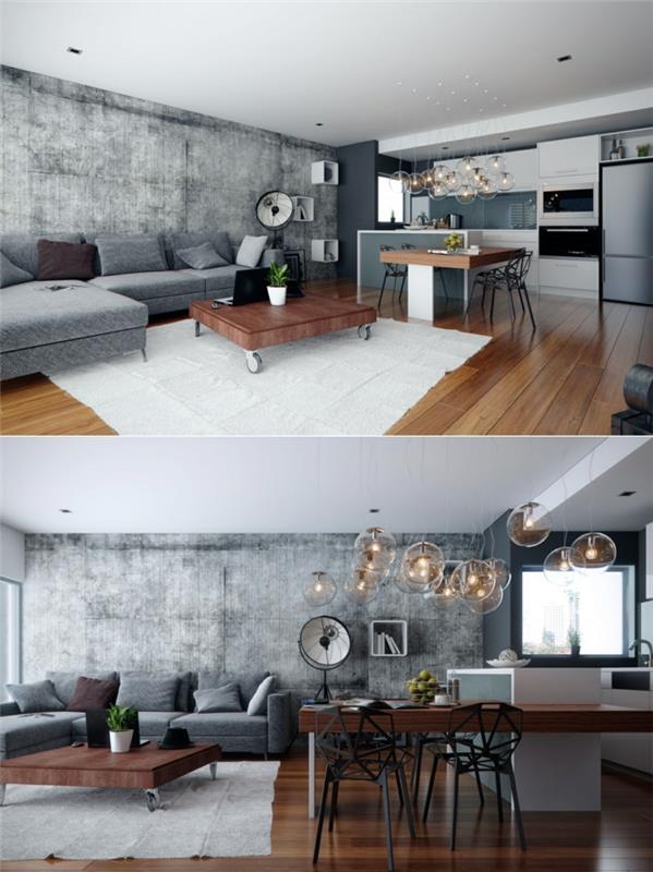 gri ve beyaz stüdyo, asılı lambalar, beyaz ada, ahşap uzatma, tekerlekli sehpa, beton duvar
