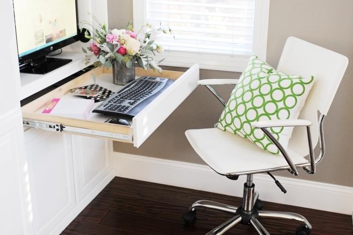 mobilya almadan evde ofis alanı nasıl yapılır, dolapta kolay ofis düzeni fikri