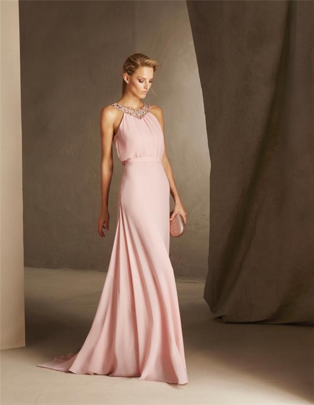 elmas takı yakalı düğün kat uzunluğu pastel pembe renk için uzun bir gece elbisesi için fikir
