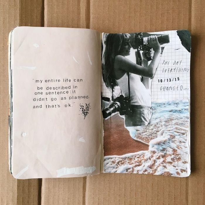 Pigi „scrapbooking“ įkvėpimo idėja, kelionių „scrapbooking“ albumo nuotrauka, moteris, supjaustyta fotoaparatais ir jūra
