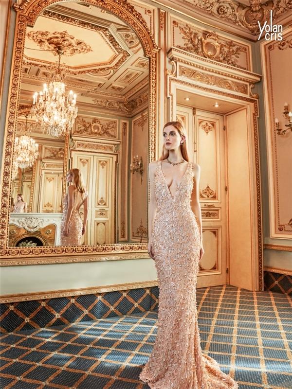 resmi bir akşam için haute couture kadın kıyafeti, V yakalı uzun tören elbisesi