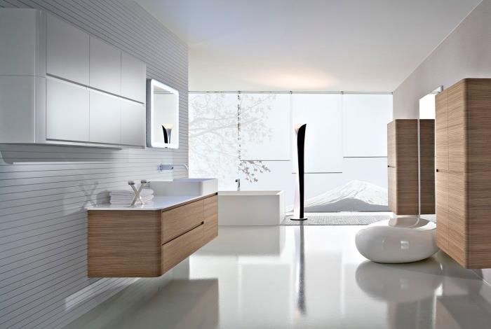 primer moderne kopalnice v beli in leseni barvi s pohištvom brez ročajev v minimalističnem duhu, kopalniška omara iz svetlega lesa