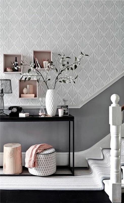 „Abbinamento colori pareti corridoio“, „rosa e grigio“, „accessory di colore bianco“, mastelio valdymas