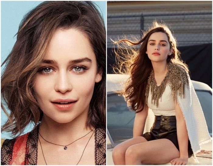plaukų spalva, vidutinio ilgio kirpimas tamsiai kaštoniniu atspalviu su šviesiais kaštonų atspalviais, kuriuos sukūrė Emilia Clarke