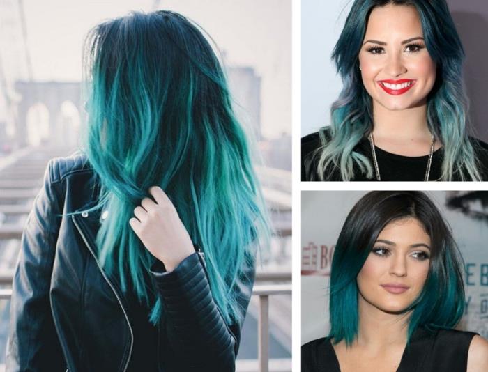 pastel mavi boyama ile uzun, hafif kıvırcık saçlı esmer Demi Lovato saç modeli kravat ve boya
