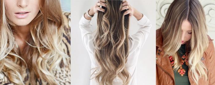 blond balayage, pričeska za dolge lase s tehniko balayage, kaki bluza z ogrlico v oranžni barvi