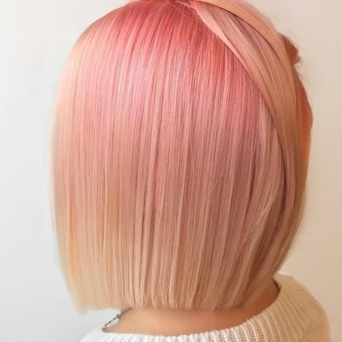 pastelinės rožinės ir blondinės spalvos dažymo naudojant ombré techniką pavyzdys ant vidutinio ilgio kvadratinių plaukų