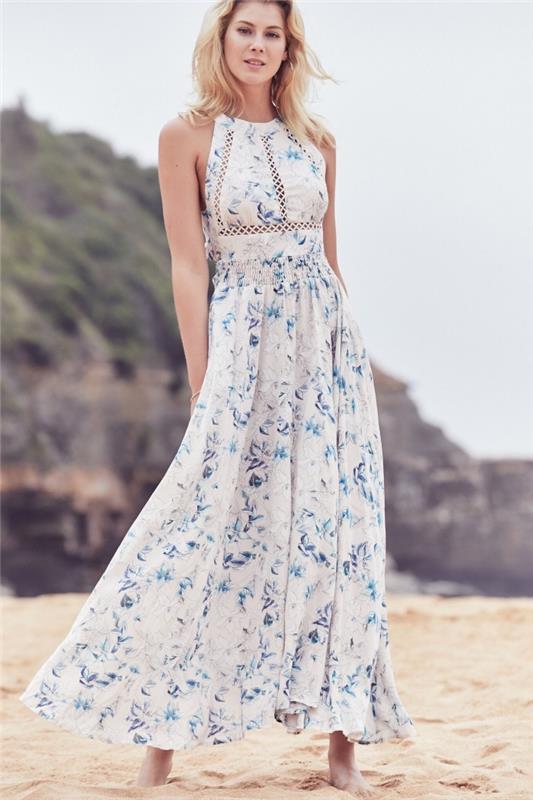 baltos vasaros suknelės modelis su mėlynų gėlių dekoravimu ir permatomais nėriniais, skysto dizaino vasaros drabužiai