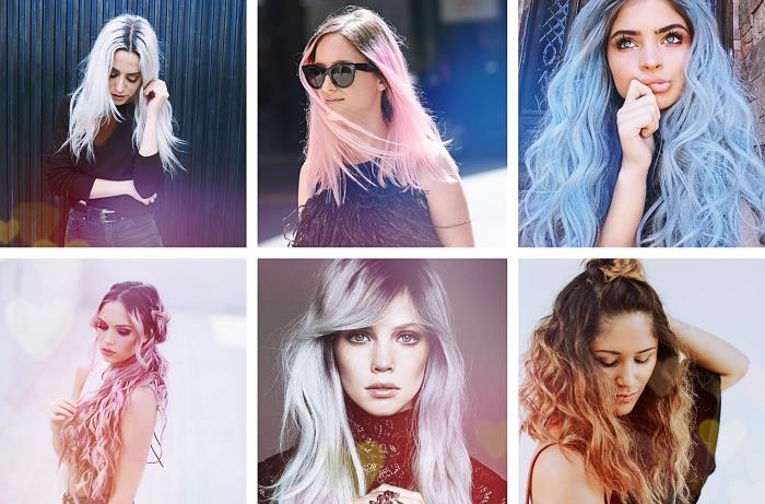 šukuosenų modeliai ant plaukų su tamsiomis šaknimis ir apšviestais galiukais arba nuspalvinti pastelinės rožinės mėlynos spalvos atspalviais