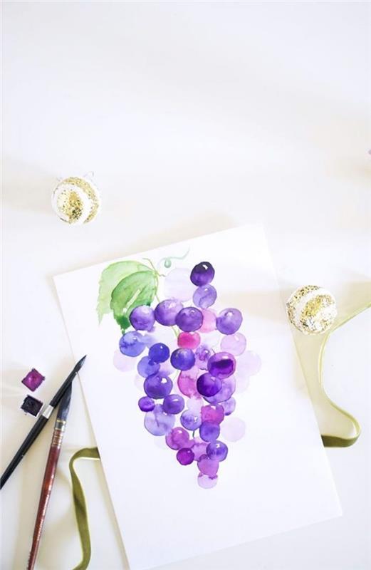 Disegno grappolo d'uva, disegno con colori acquarello, pennelli sporchi di colore