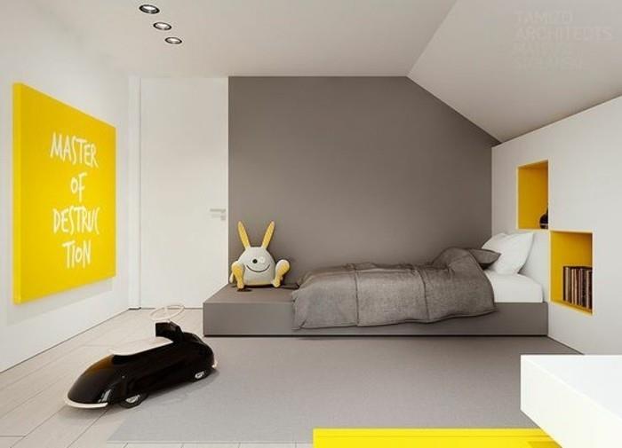 Idea per i colori pareti cameretta, abbinamento grigio scuro e bianco, accenti in giallo
