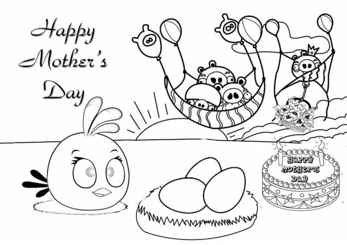 Motinos dienos spalvinimo puslapiai Juodai balti „Angry Birds to Color“, mamos dienos dovana paprastam piešimui
