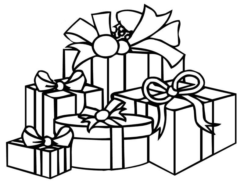 Kalėdų spalvinimo puslapis su juodos ir baltos dovanų pakuotės piešiniais vaikams spalvinti