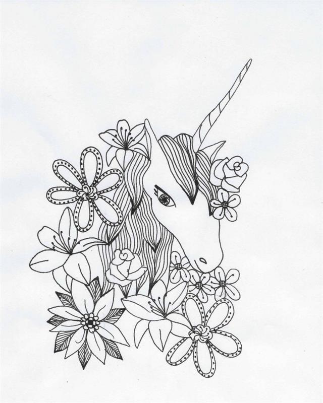çok sayıda çiçekle çevrili tek boynuzlu at kafası olan tek boynuzlu at boyama sayfası, çiçek detaylarıyla şiirsel çizim