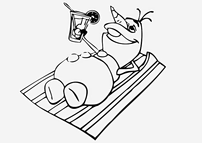 spalvinimo puslapis sniego karalienė vasaros atostogų režimu, spalvinimo piešinys su olafu, gulinčiu ant paplūdimio rankšluosčio