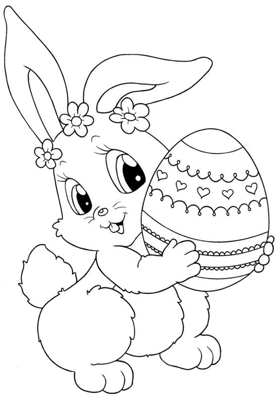 çocuk için yazdırılması ve renklendirilmesi kolay paskalya çizim şablonu, sevimli tavşan ve dekore edilmiş yumurta ile kolay boyama