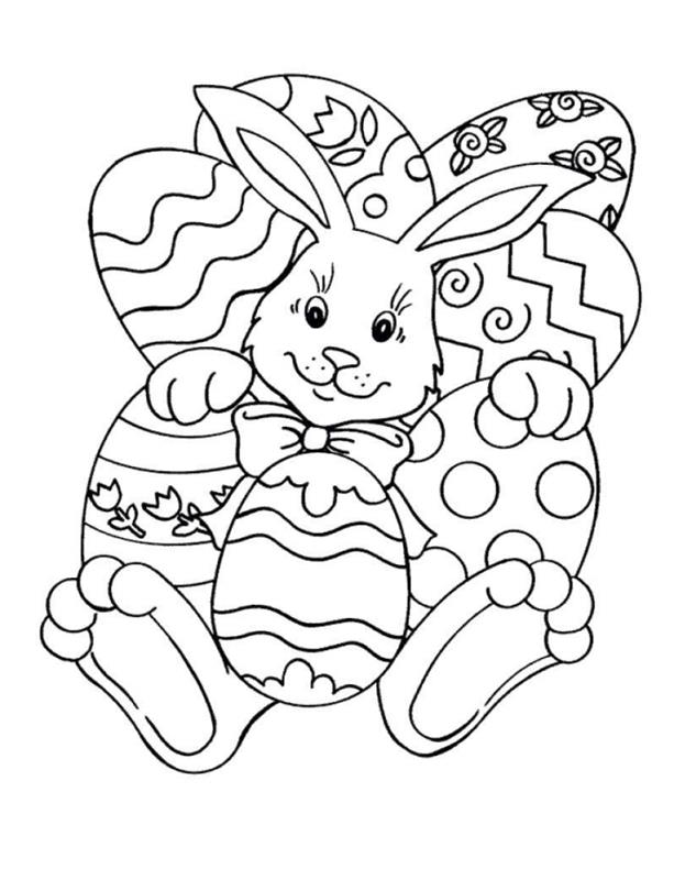 Küçükler için yazdırılacak Paskalya boyama sayfaları, büyük tavşan ve yumurtalarla Paskalya temasında renklendirmek için kolay çizim